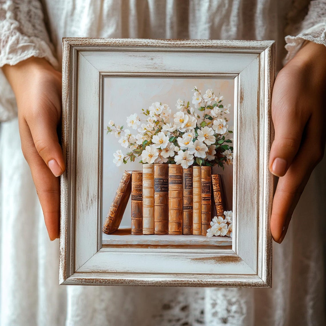 Vintage Books with White Blossoms Spring Floral Bookshelf Art Poster - Image 3