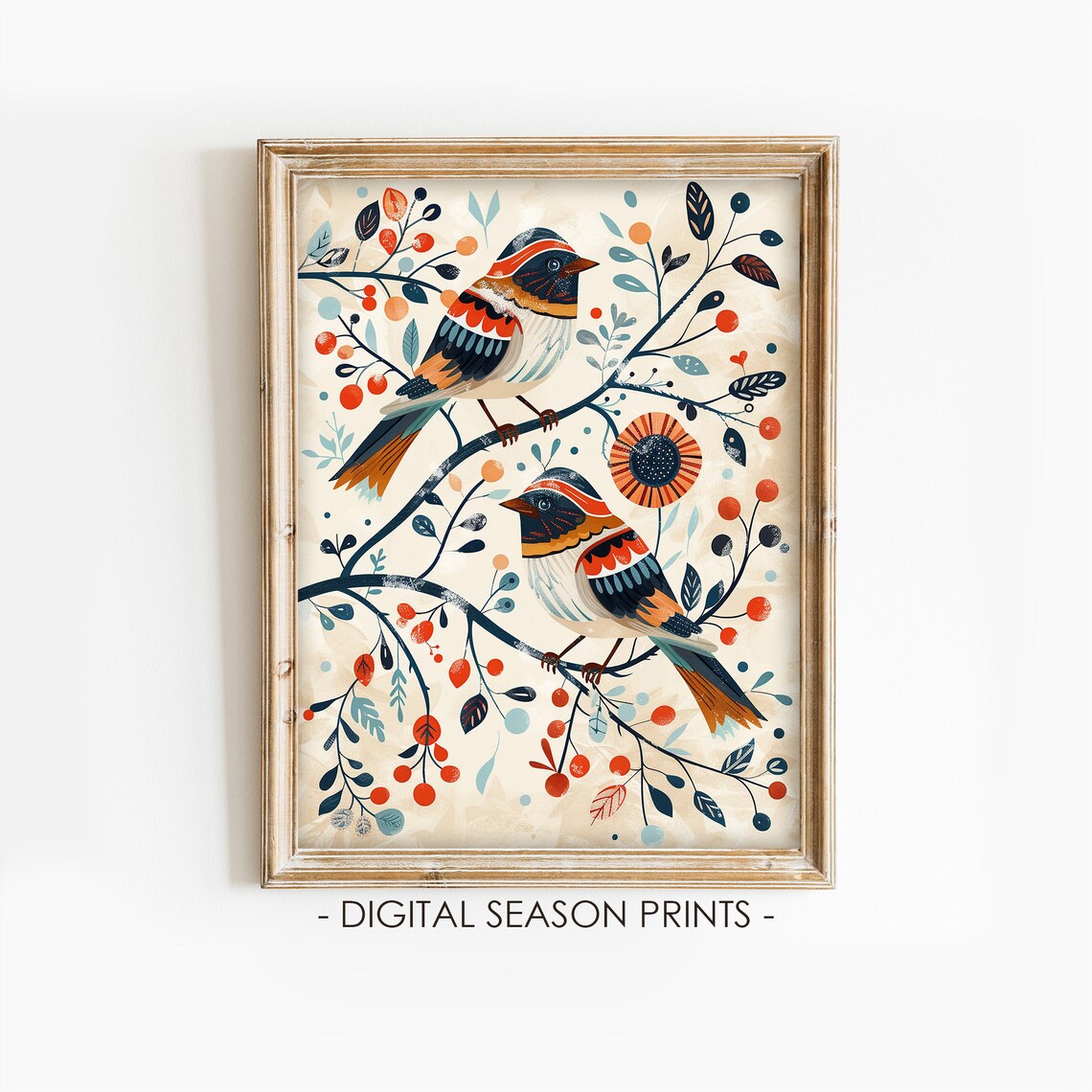 Scandinavian Folk Art Birds Berry Branch Nordic Animal Painting Poster