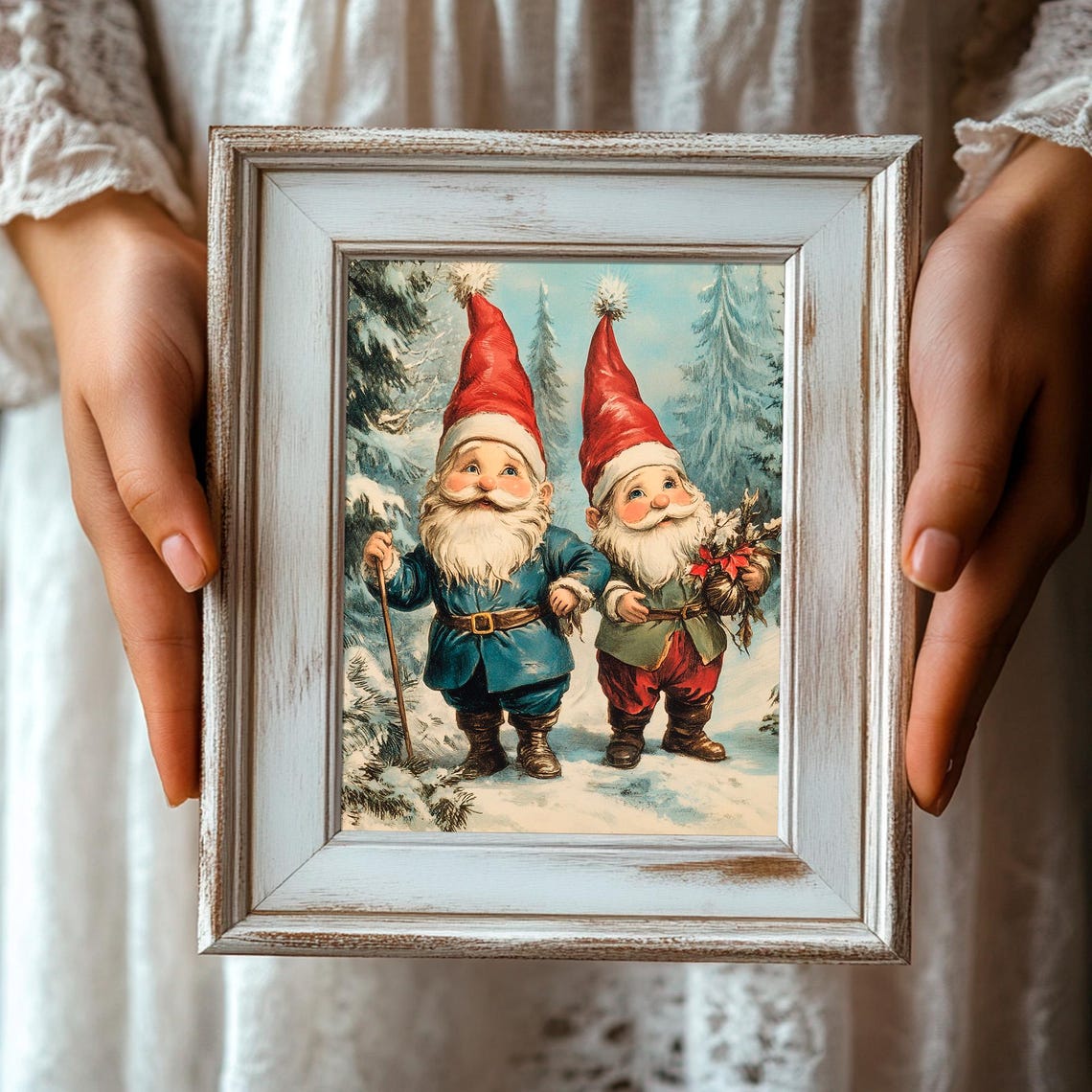 Two Vintage Christmas Gnomes Walking In A Snowy Forest Poster - Image 3