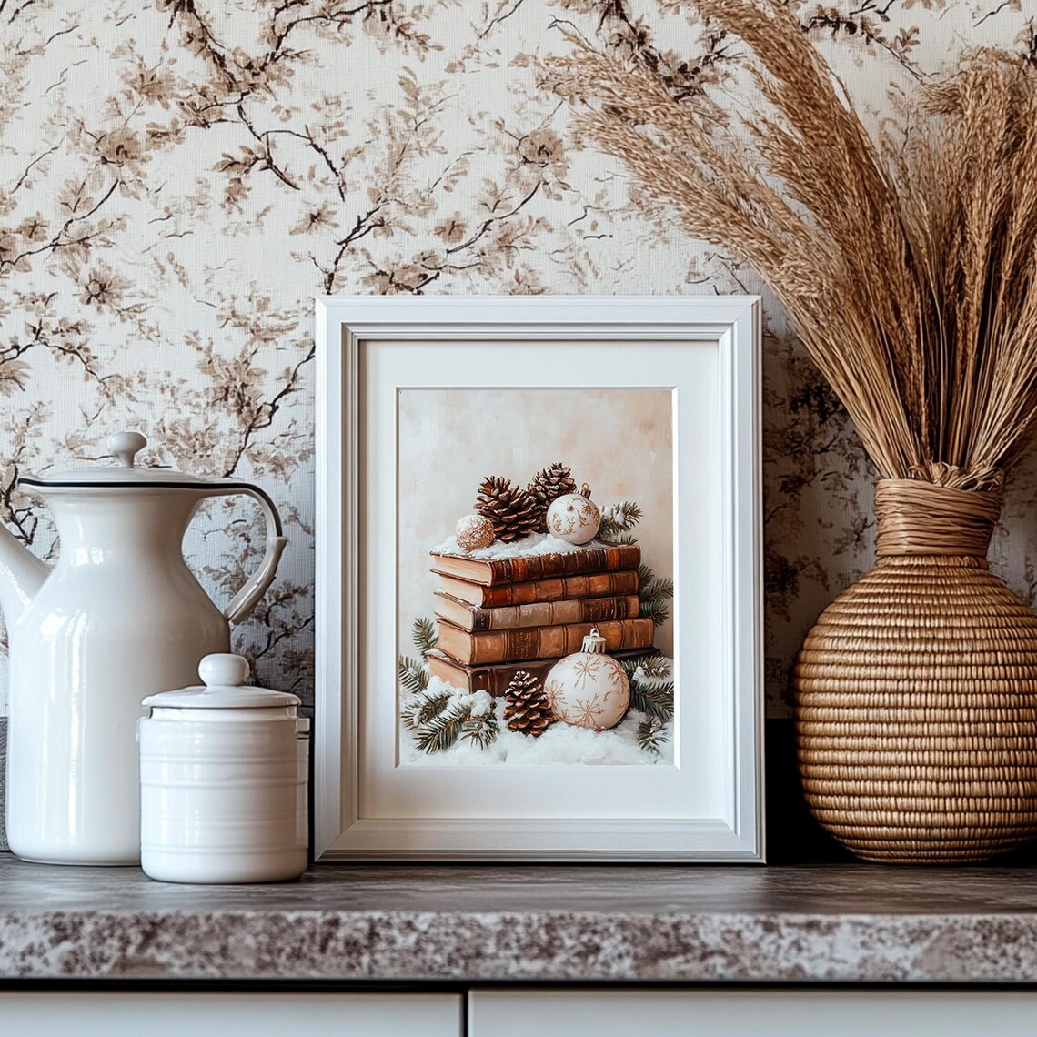 Stack of Vintage Books with Snow Pinecones and Ornaments Winter Poster - Image 4