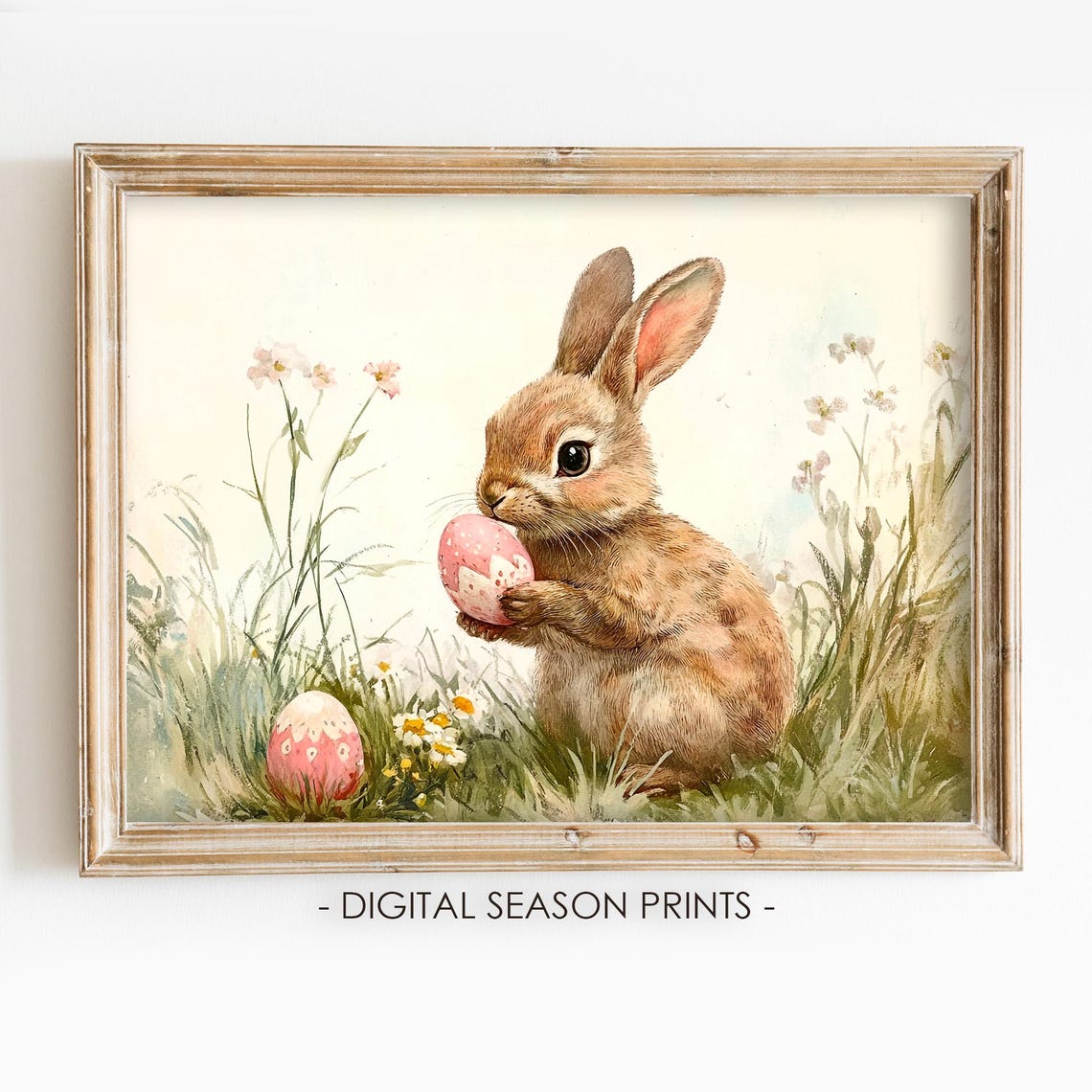 Easter Bunny Holding Pink Egg In Wildflower Meadow Vintage Poster
