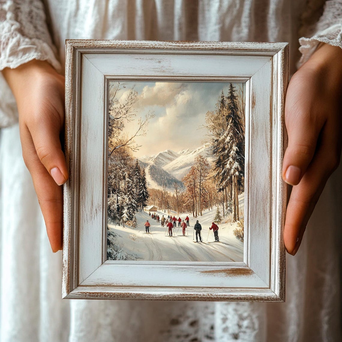 Vintage Skiers Red Coats Mountain Trail Winter Sports Poster - Image 6