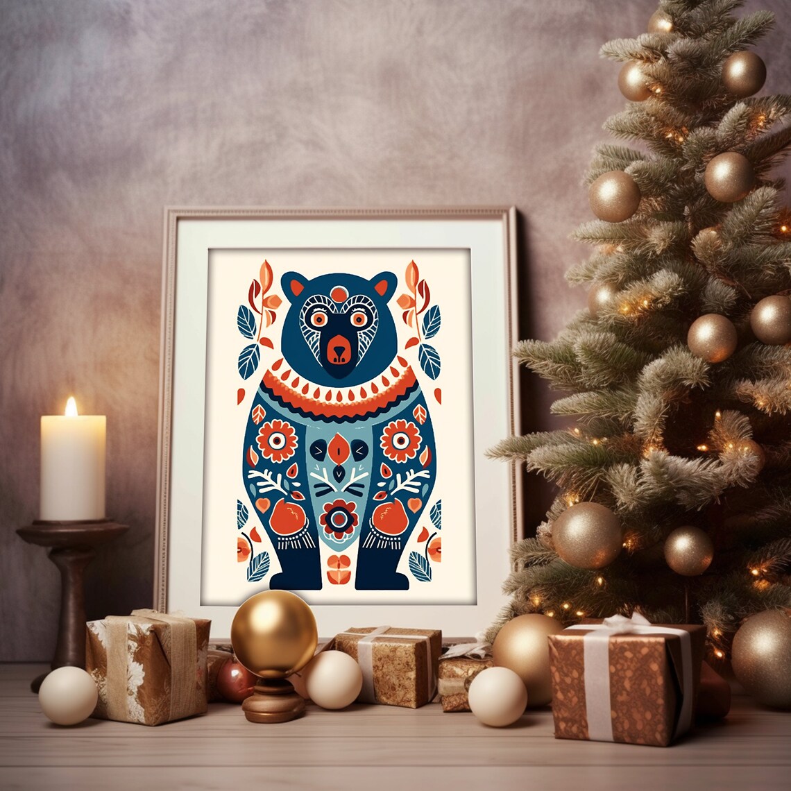 Scandinavian Folk Art Bear Blue Orange Floral Animal Painting Poster - Image 5