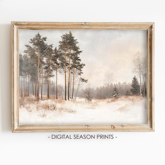 Snowy Pine Forest Winter Trees Misty Landscape Vintage Wall Art