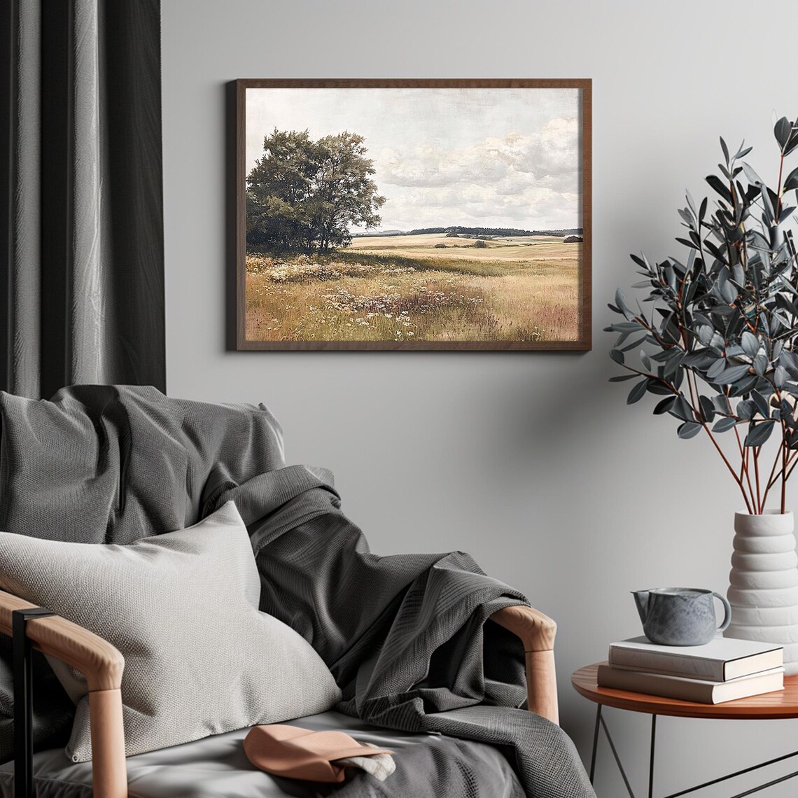 Open Meadow Wildflowers Big Trees Cloudy Sky Rustic Summer Field Poster - Image 4