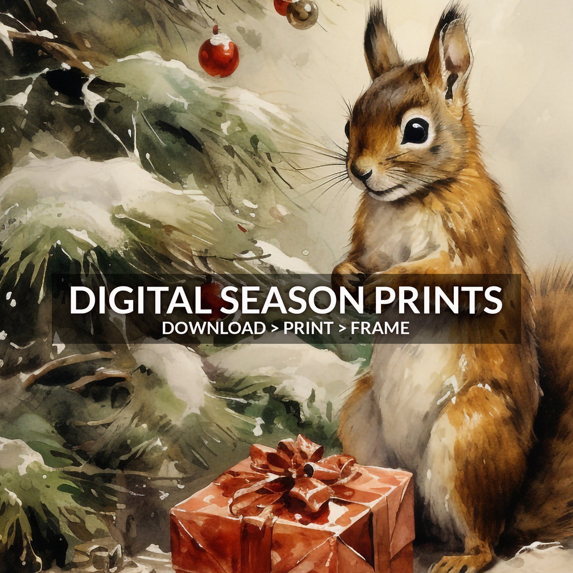Red Squirrel With Christmas Gifts Under Snowy Pine Tree Print - Image 6