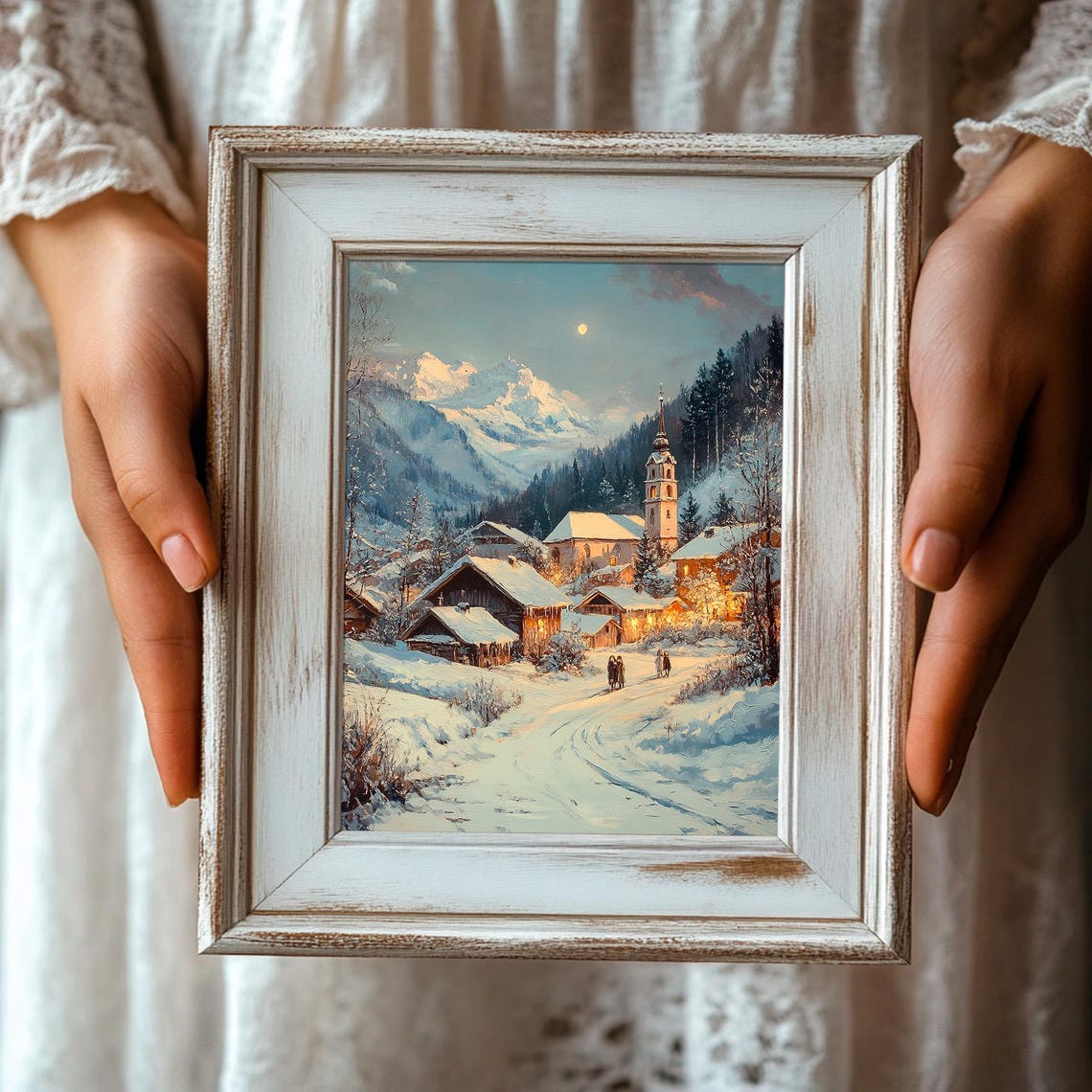 Silent Night Snowy Mountain Village With Church Under Moon Poster - Image 3