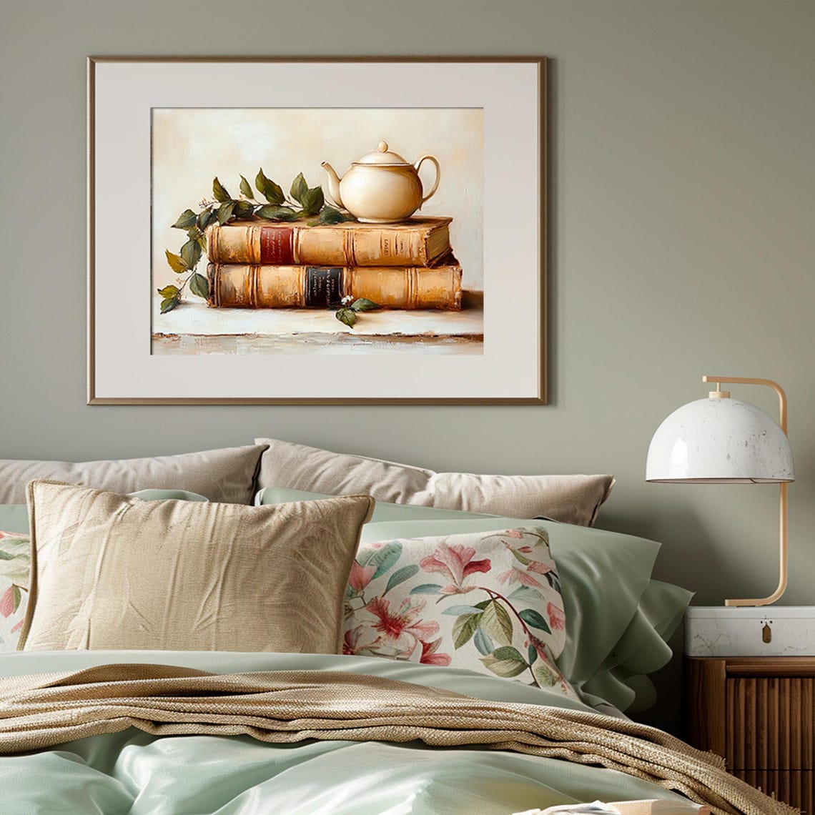 White Teapot Resting On Stacked Antique Books With Greenery Poster - Image 3