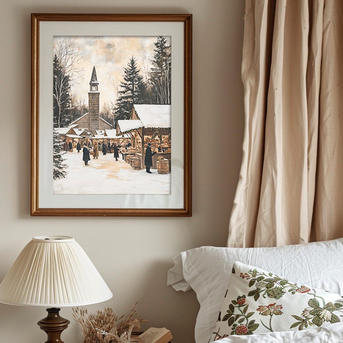 Victorian Christmas Market Country Church Snowy Village Scene Print - Image 6