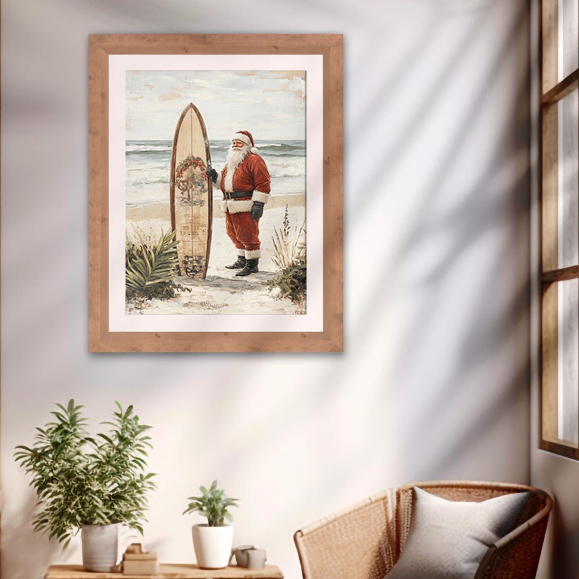 Santa Surfboard Beach Tropical Christmas Wreath Board Art Poster - Image 2