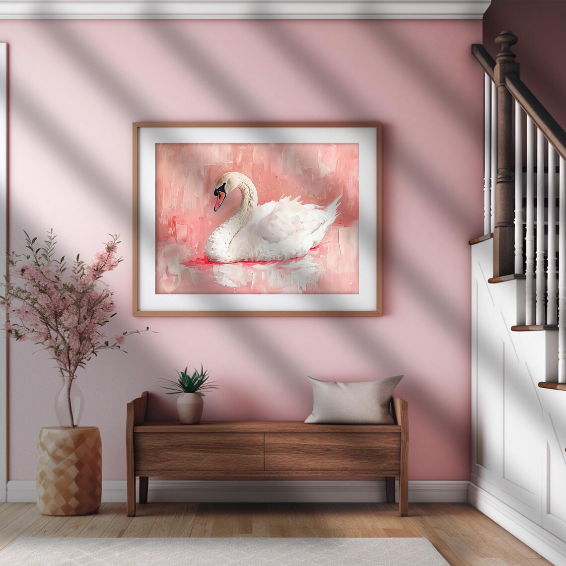 White Swan on Blush Pink Watercolor Background Nursery Painting Print - Image 2