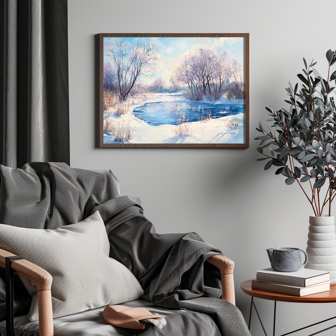 Frozen Blue Pond Snowy Banks Winter Landscape Scenic Nature Poster - Image 4