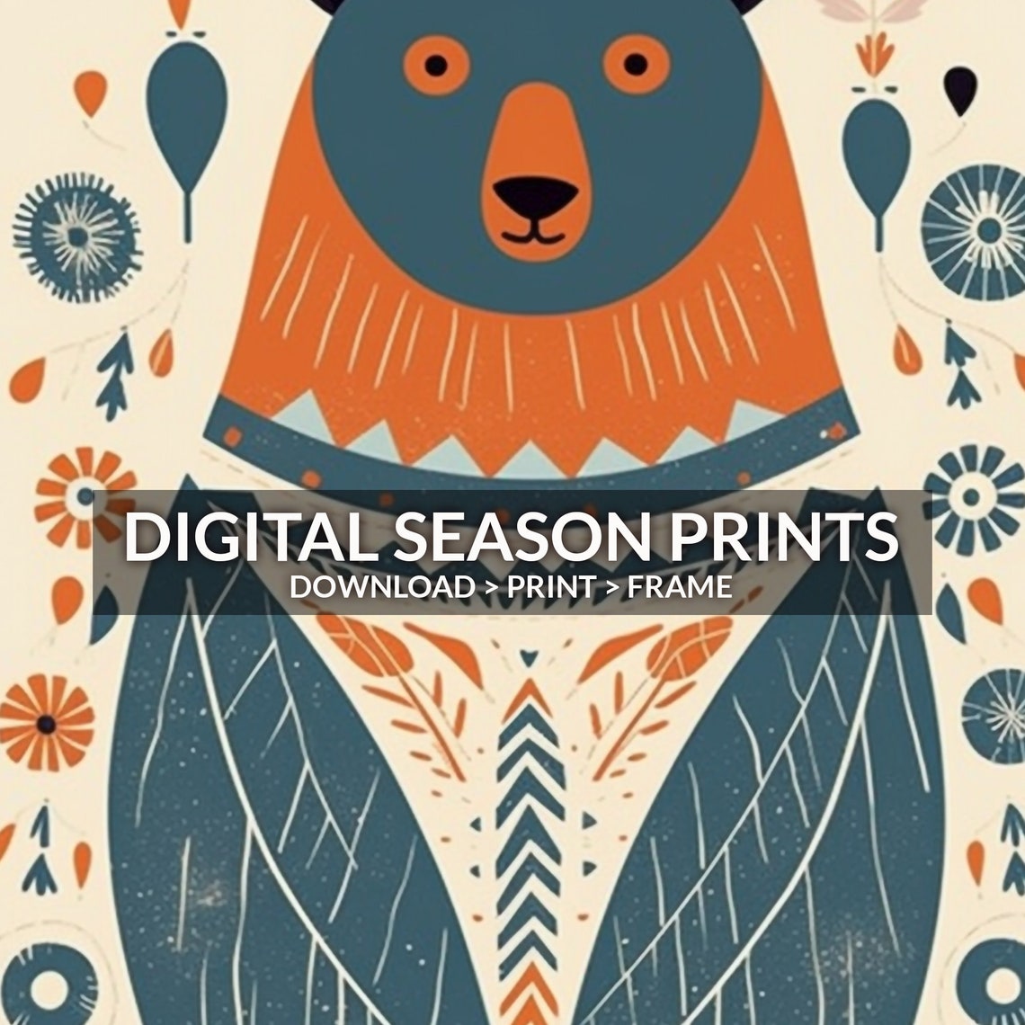 Scandinavian Folk Art Bear Teal Orange Nursery Decor Painting Poster - Image 6