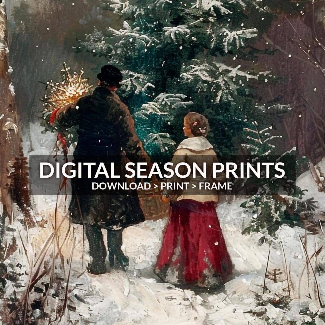 Couple Cutting Christmas Tree In Snowy Vintage Forest Scene Poster - Image 4