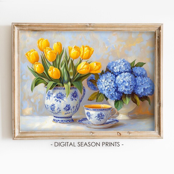 Yellow Tulips And Blue Hydrangeas Spring Floral Still Life Poster