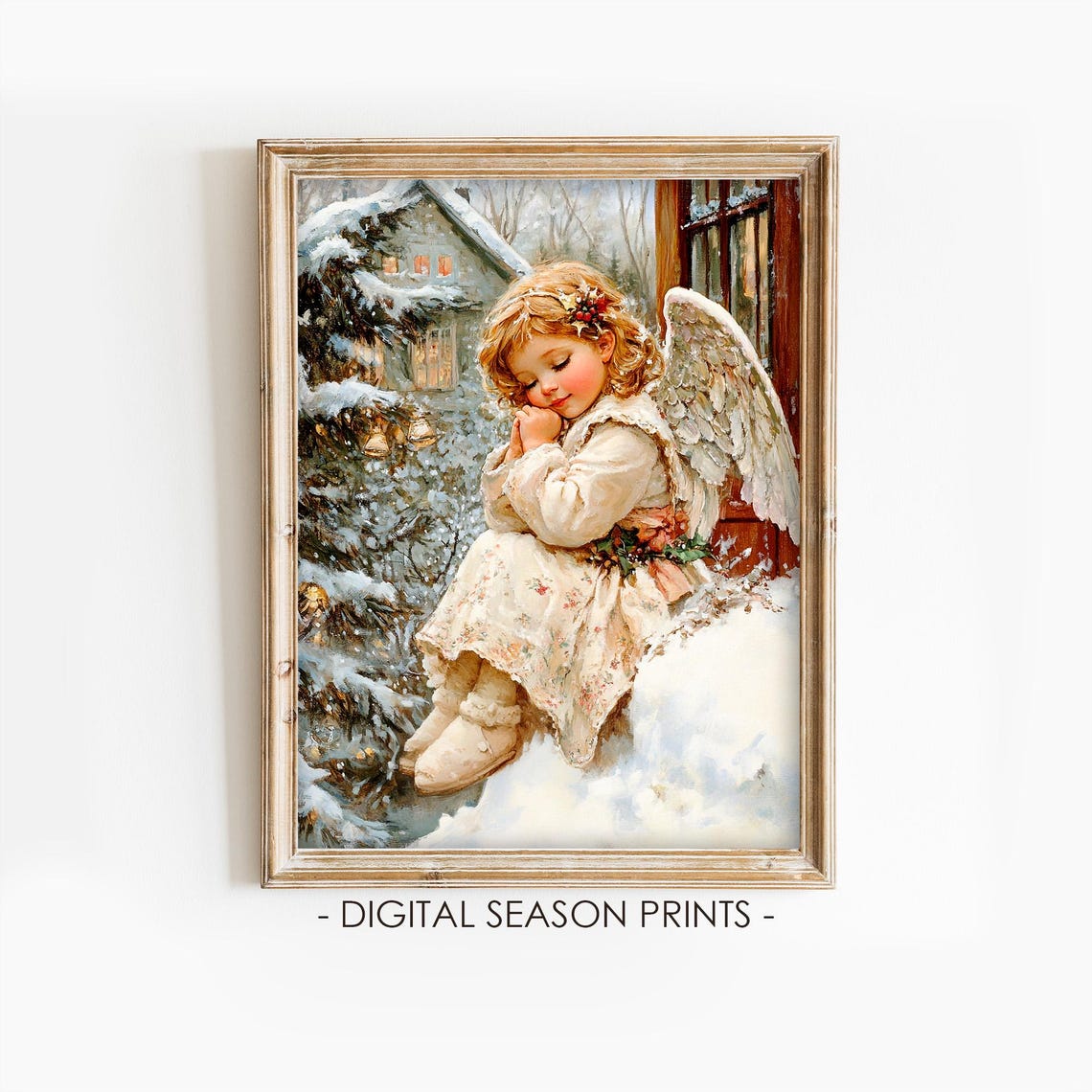 Vintage Praying Angel Child Snowy Winter Window Christmas Print