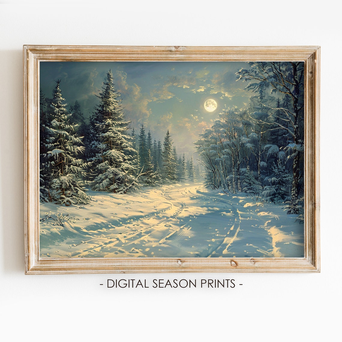 Full Moon Snowy Forest Road Moonlit Night Winter Scene Poster