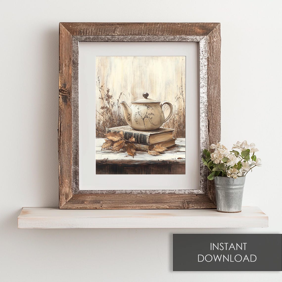 Rustic Teapot on Old Books with Dried Leaves Neutral Wall Art - Image 6