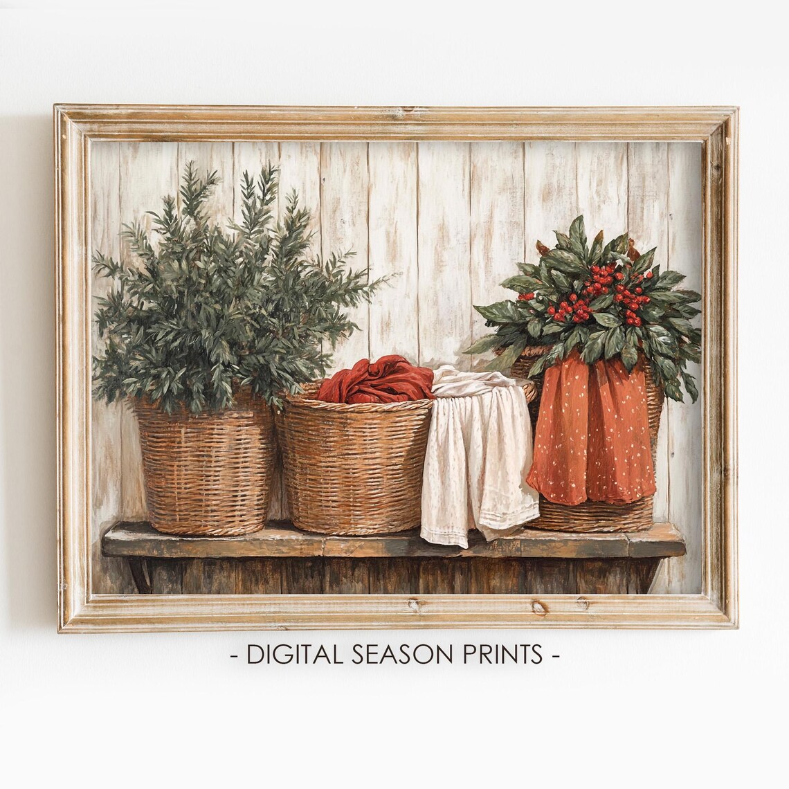 Cozy Christmas Laundry Baskets Vintage Farmhouse Winter Wall Art