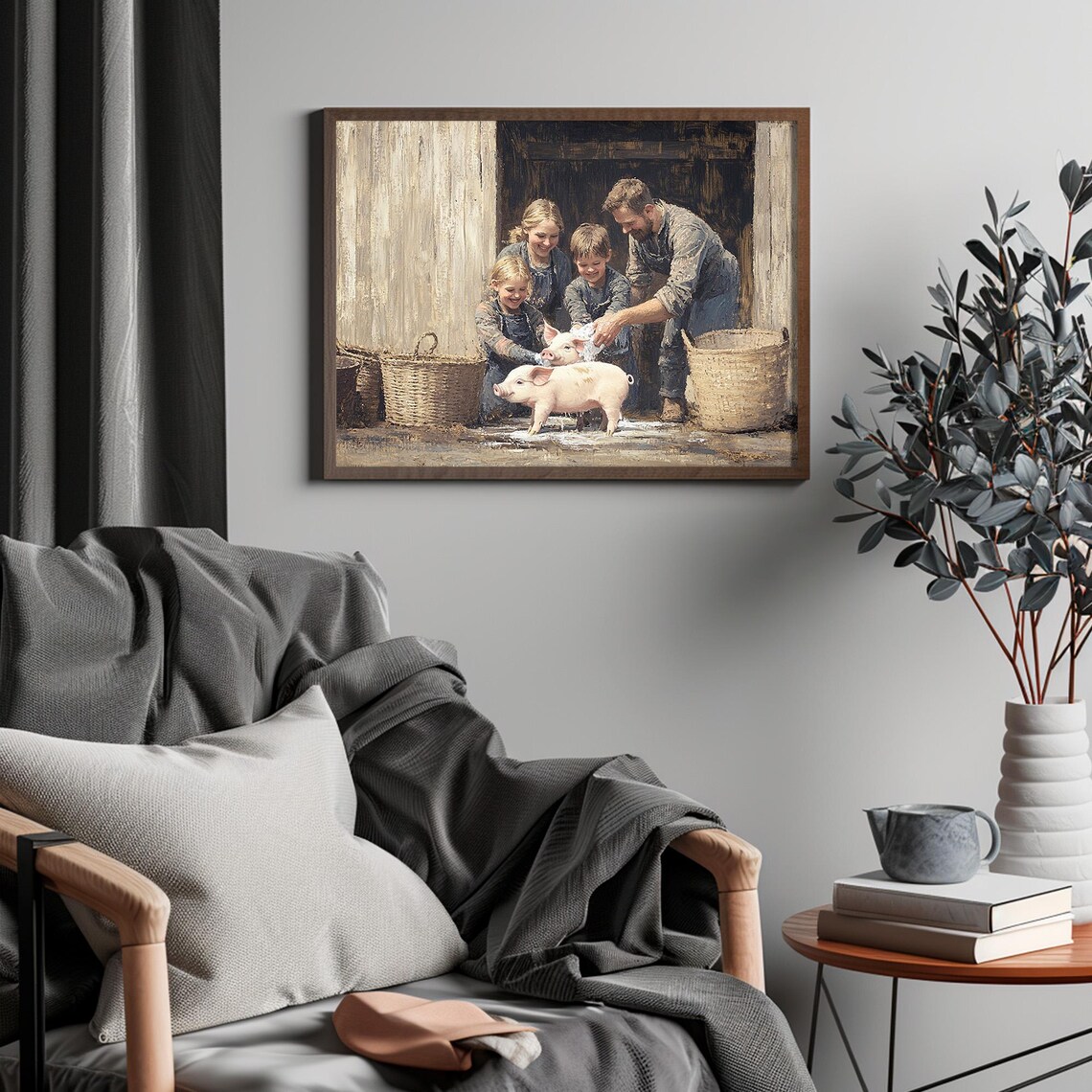 Family Washing Piglets at Barn Door Vintage Farm Life Painting Poster - Image 6