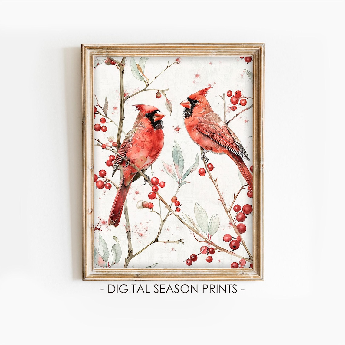 Two Red Cardinals on Berry Branch Watercolor Winter Birds Poster