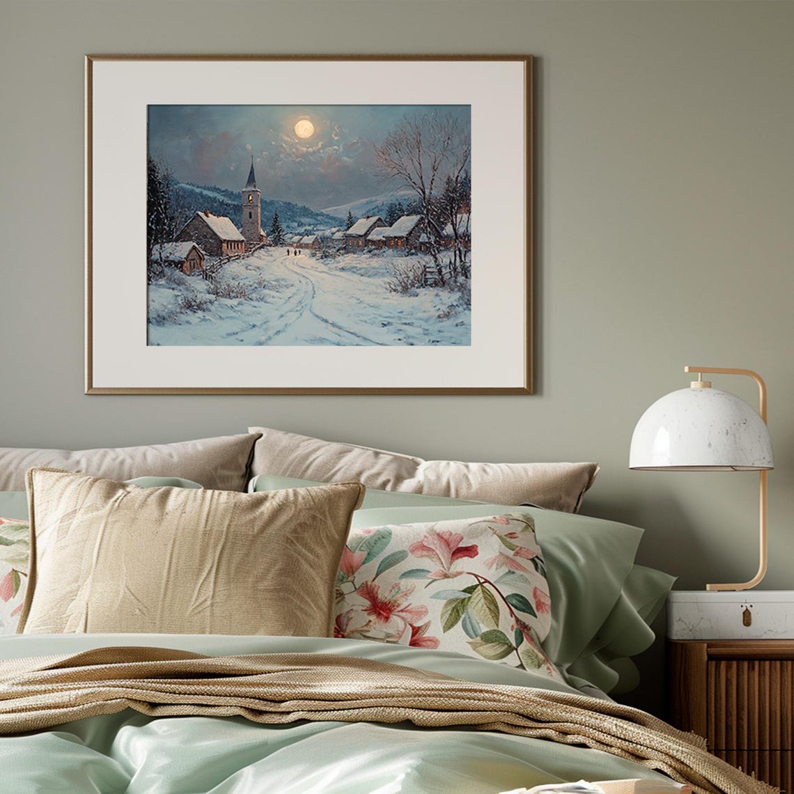Moonlit Snowy Village With Church Night Mountains Christmas Print - Image 3