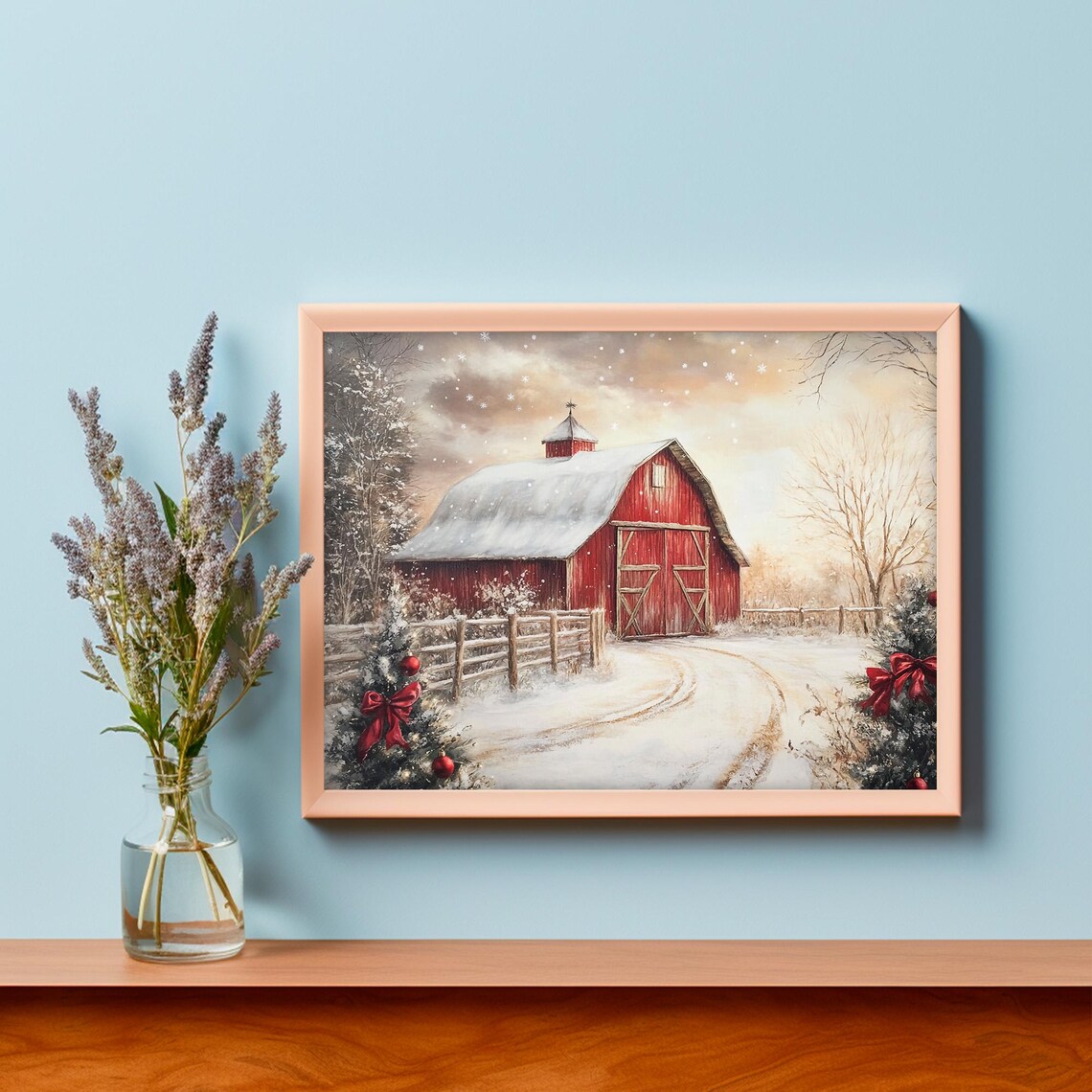 Red Barn Snowy Christmas Trees Red Bows Farmhouse Winter Art Print - Image 3