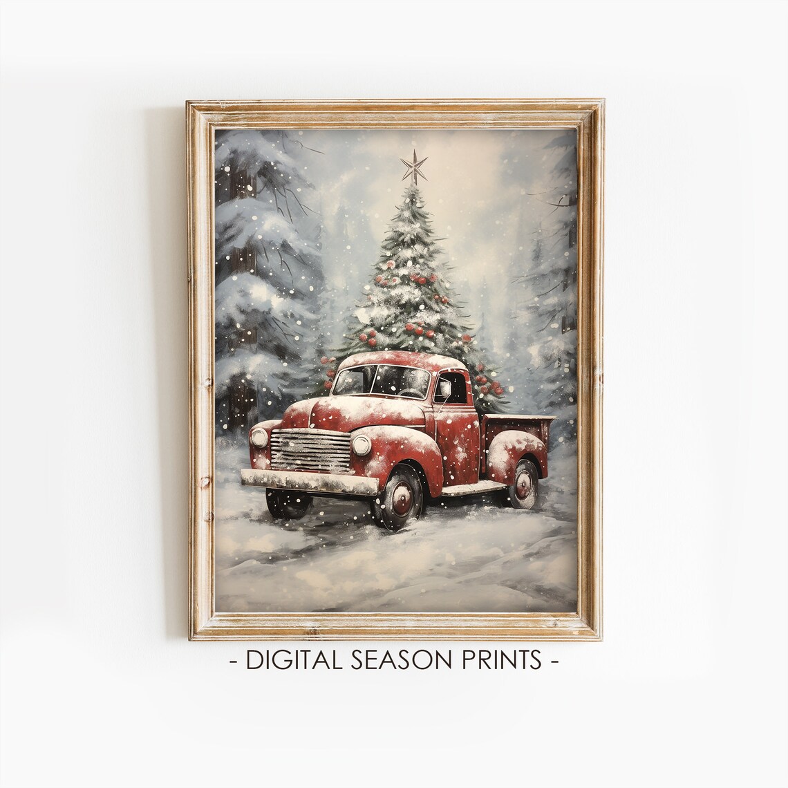 Red Vintage Truck Christmas Tree Snowy Road Retro Holiday Art Print