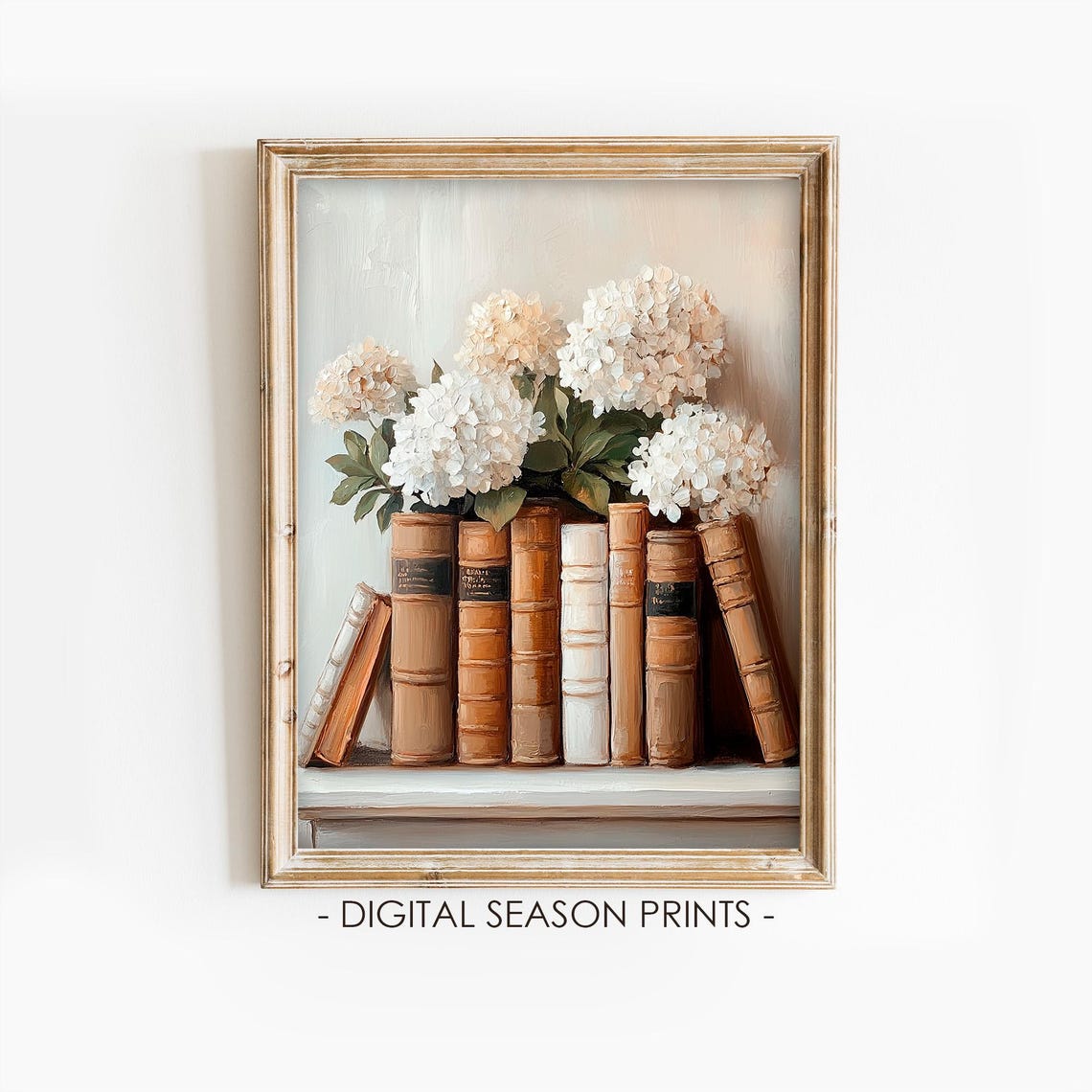 Vintage Books with White Hydrangeas Rustic Shelf Painting Poster
