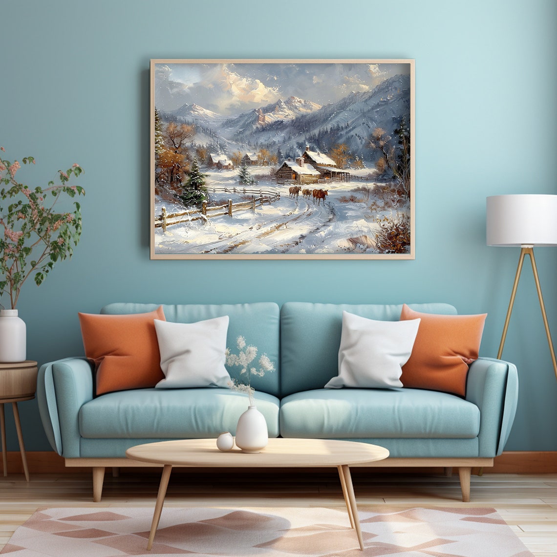 Snowy Mountain Village Cabins Rustic Winter Landscape Painting Poster - Image 5
