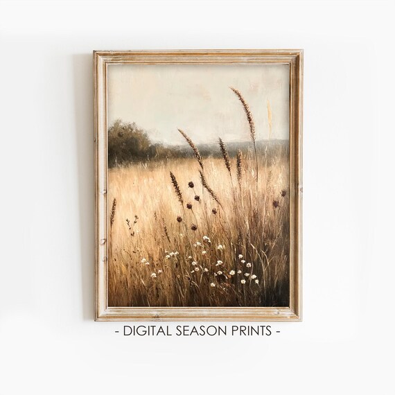 Tall Golden Grass Seed Heads Misty Field Minimalist Autumn Poster