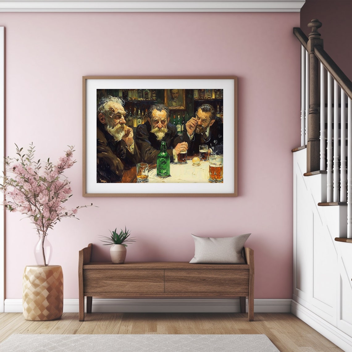 Dark Moody Irish Pub Oil Painting Three Men Sharing Beer Poster - Image 3