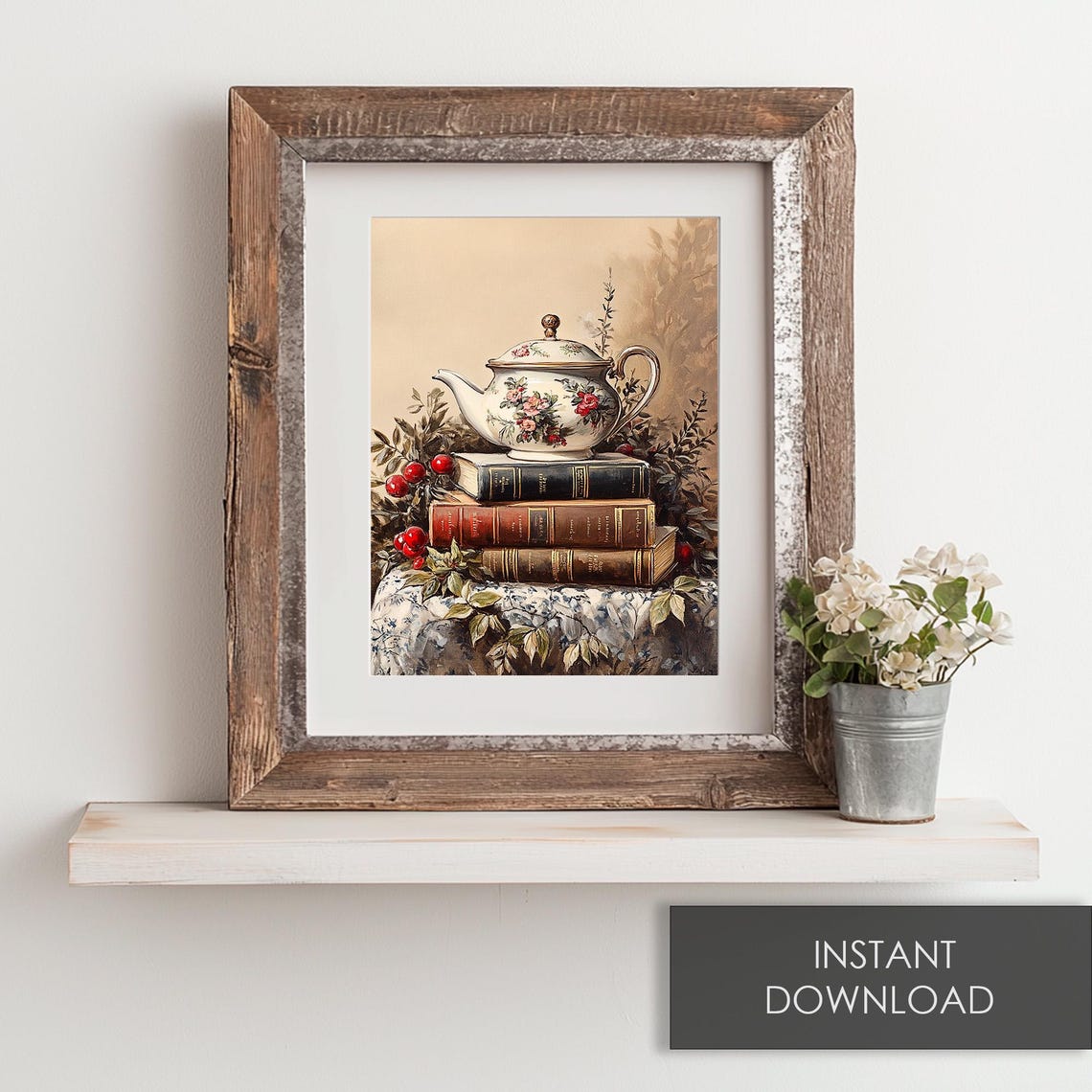 Floral Teapot on Old Books Red Berries Vintage Cozy Autumn Print - Image 6