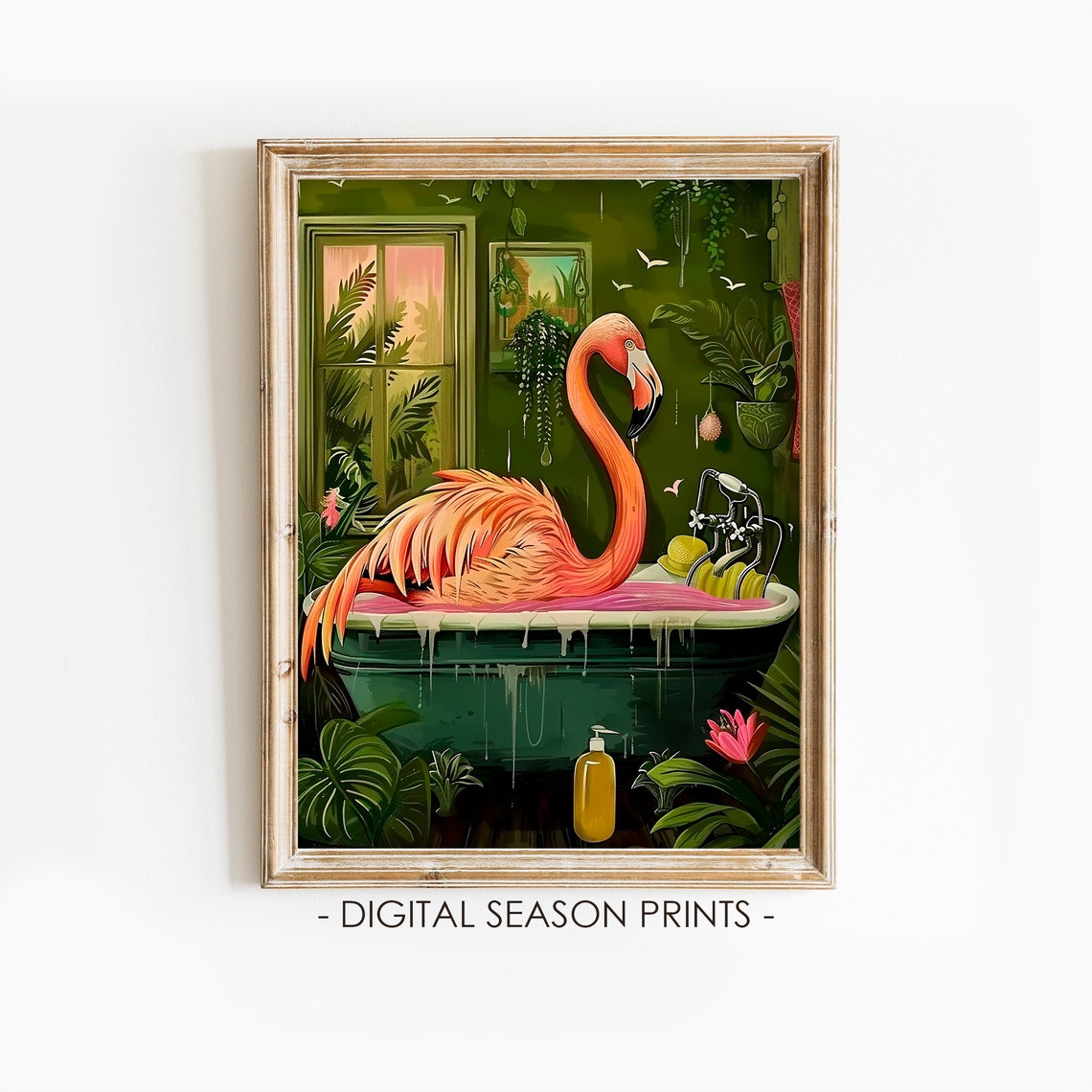 Pink Flamingo Relaxing in Bathtub Tropical Bathroom Animal Print