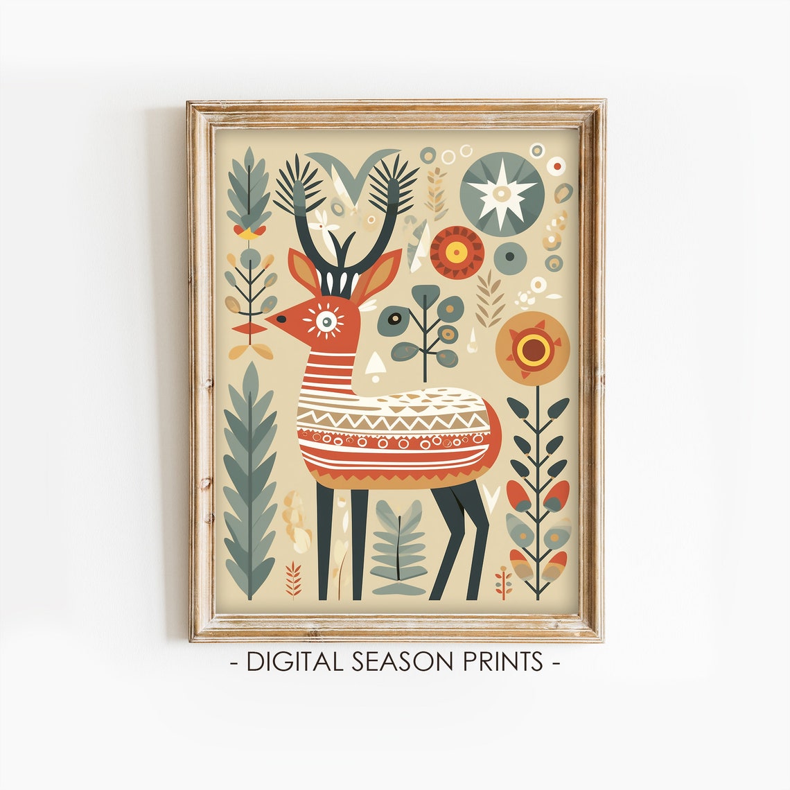 Scandinavian Folk Art Deer Nordic Reindeer Illustration Wall Art