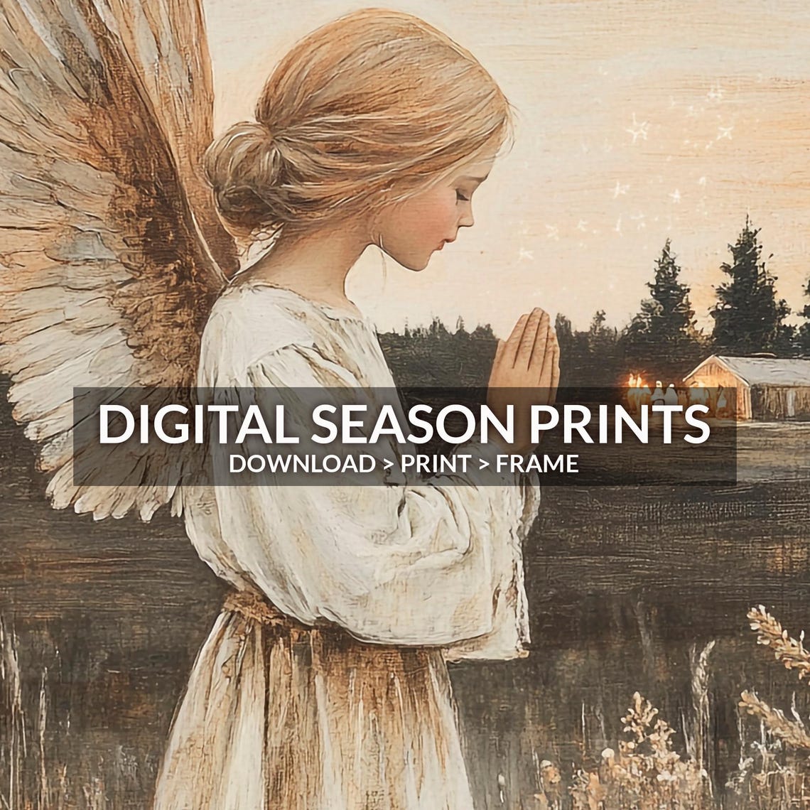 Vintage Christmas Angel Praying in Wheat Field Rustic Painting Poster - Image 6