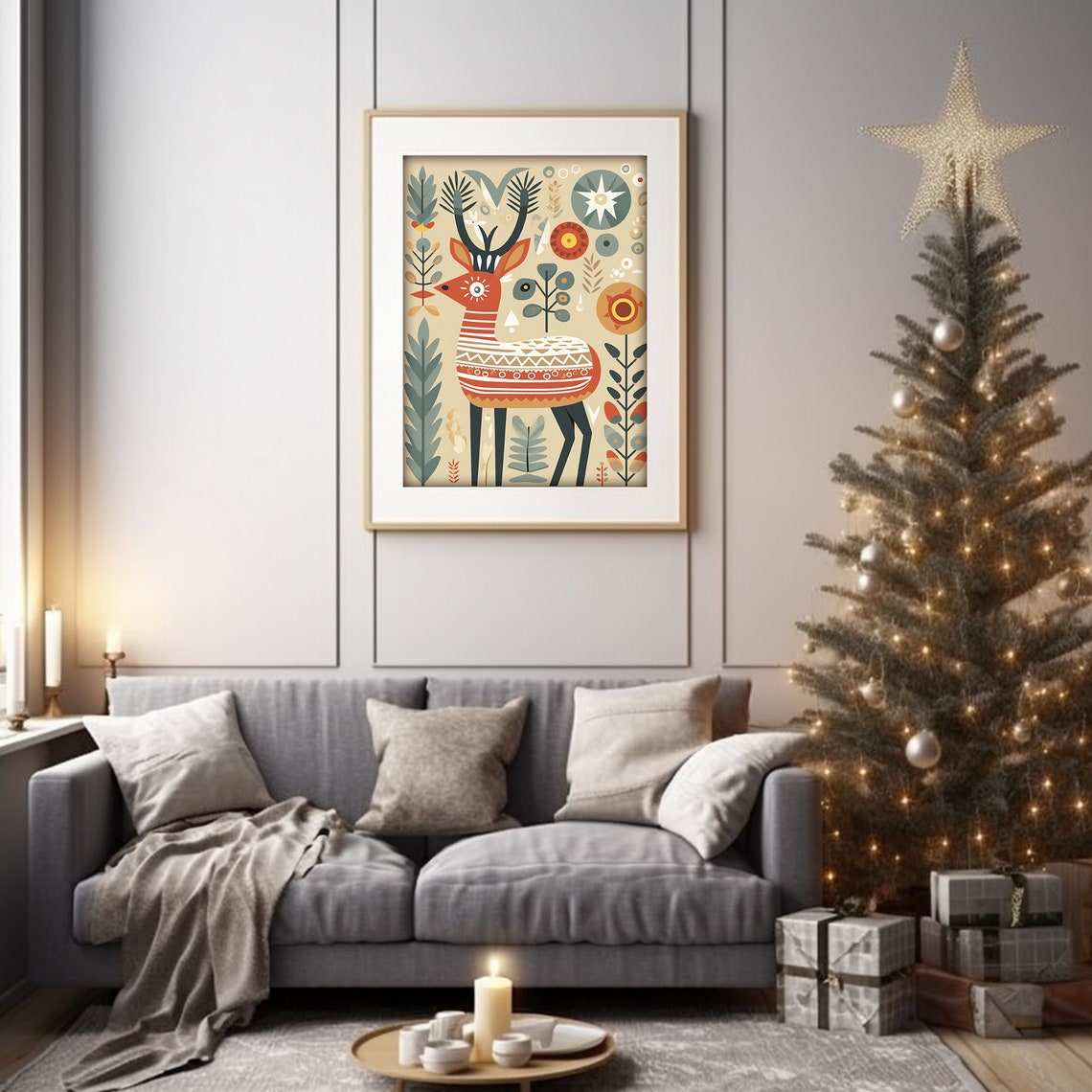 Scandinavian Folk Art Deer Nordic Reindeer Illustration Wall Art - Image 5