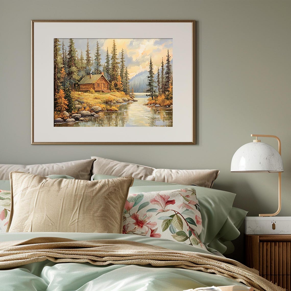 Log Cabin by the Lake Among Pine Trees Fall Landscape Poster - Image 3