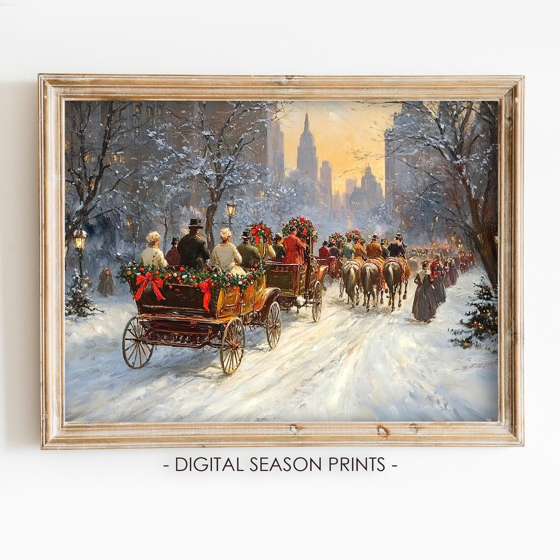 Vintage Horse Carriage Parade Snowy Christmas City Winter Print