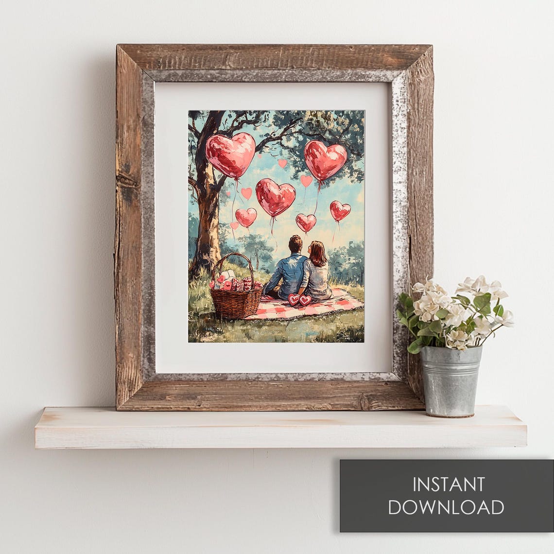 Romantic Couple Picnic Heart Balloons Valentine Day Painting Poster - Image 6