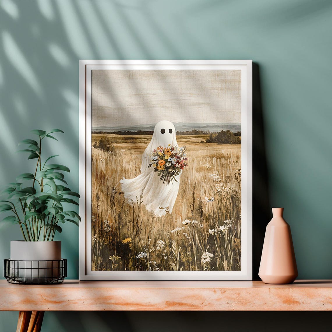 Cute Sheet Ghost Flower Bouquet Wildflower Field Halloween Art Poster - Image 4