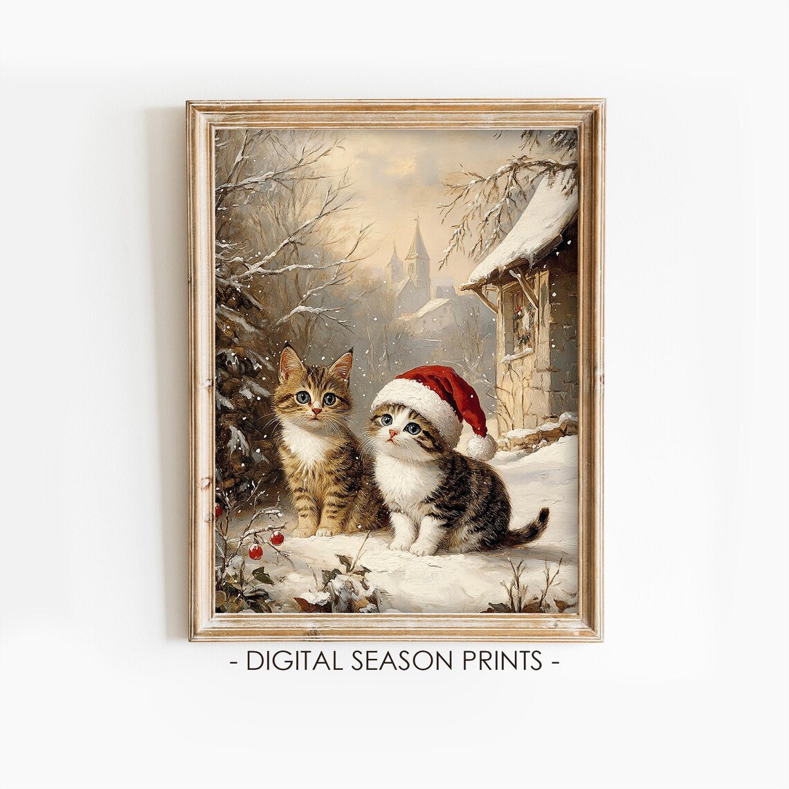 Kittens in Snow Wearing Santa Hat Winter Cottage Christmas Poster