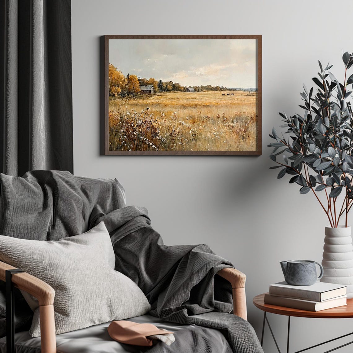 Autumn Meadow With Grazing Horses And Barns Golden Field Poster - Image 4