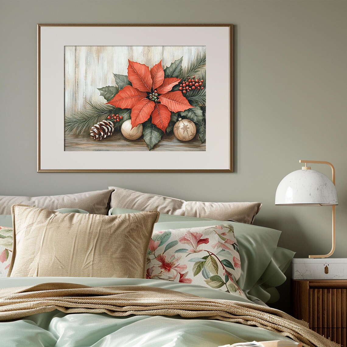 Red Poinsettia Christmas Bloom with Ornaments Holiday Floral Poster - Image 3