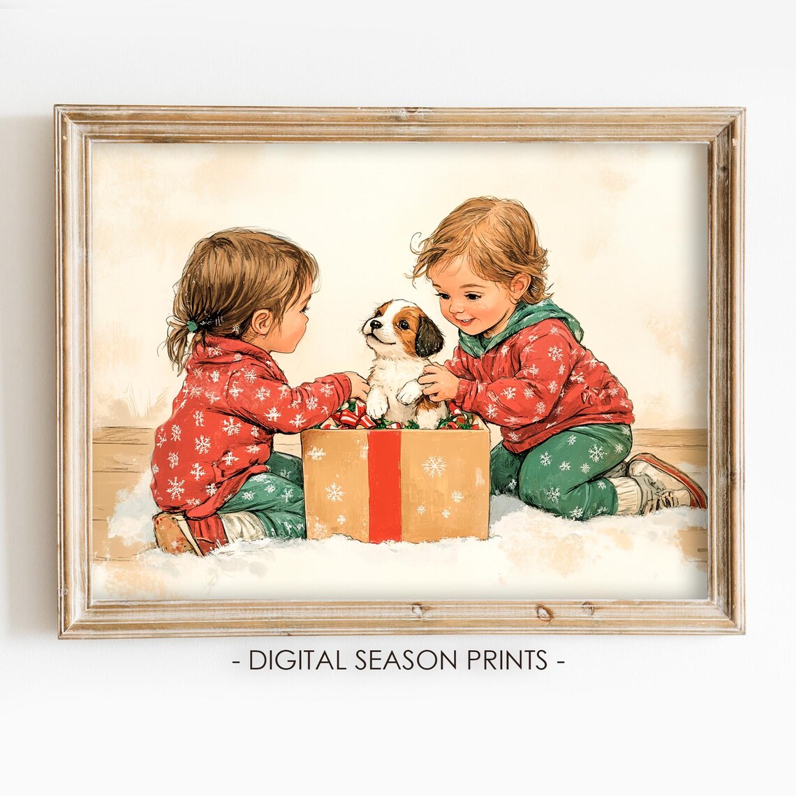 Christmas Morning Children with Puppy in Gift Box Vintage Poster