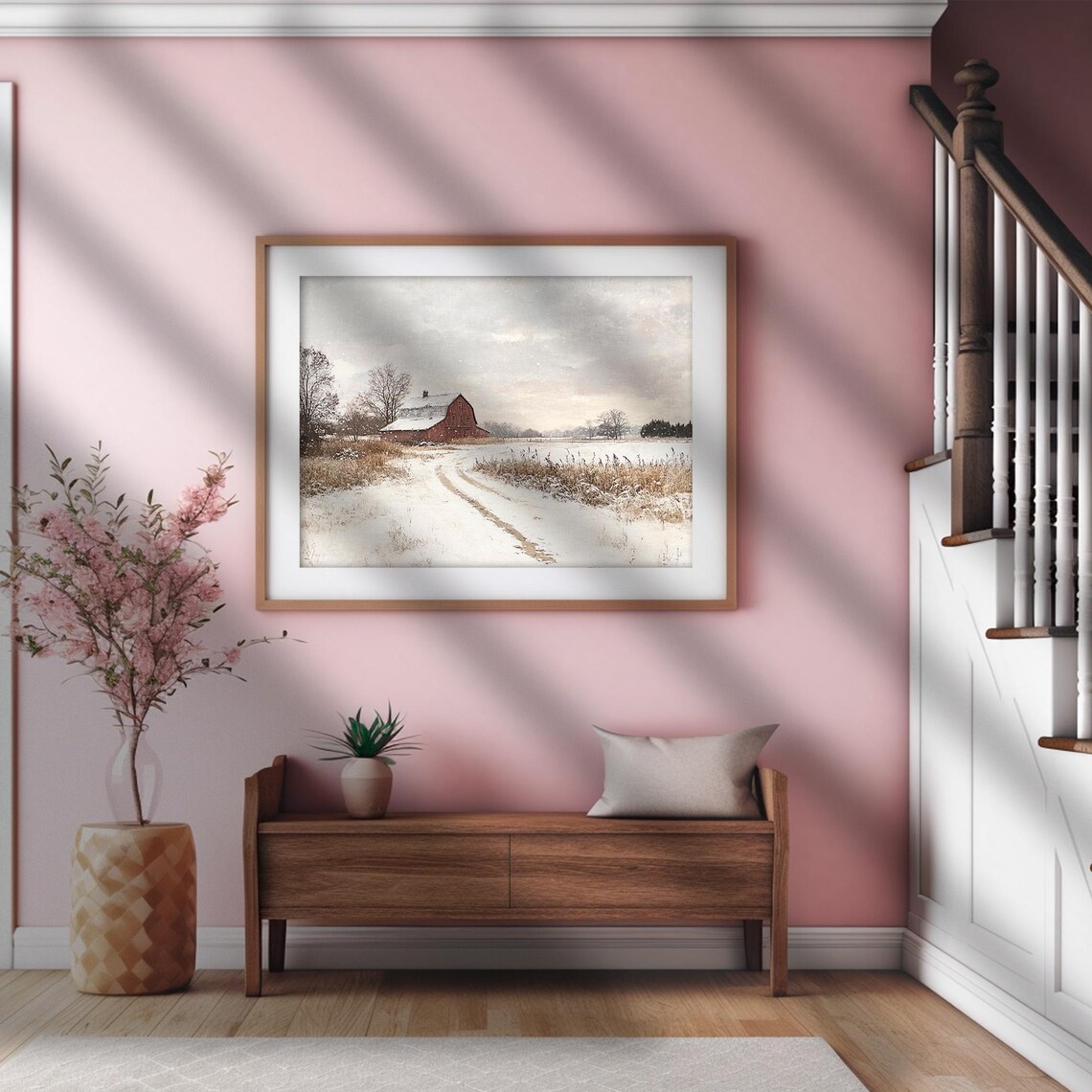 Winter Red Barn Snowy Field Farmhouse Countryside Landscape Poster - Image 4