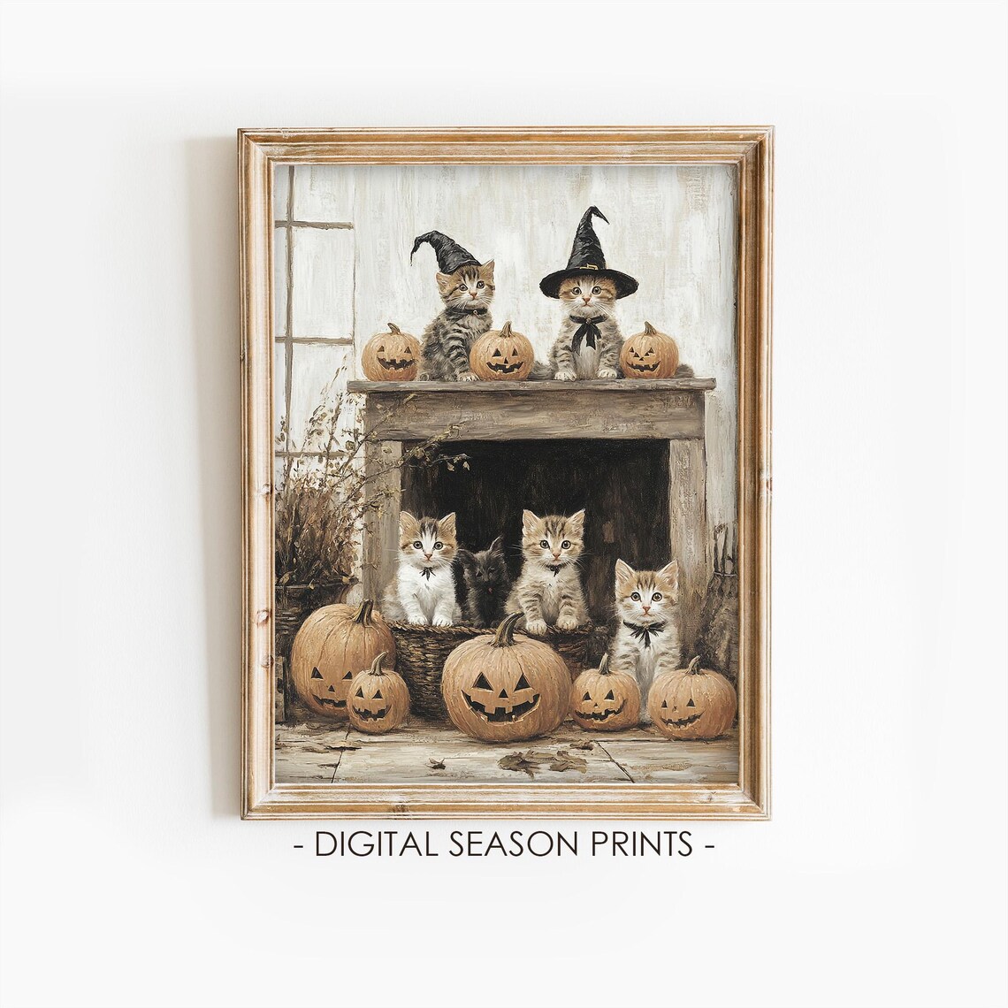 Witch Hat Kittens Fireplace Mantel Pumpkin Display Halloween Cat Poster