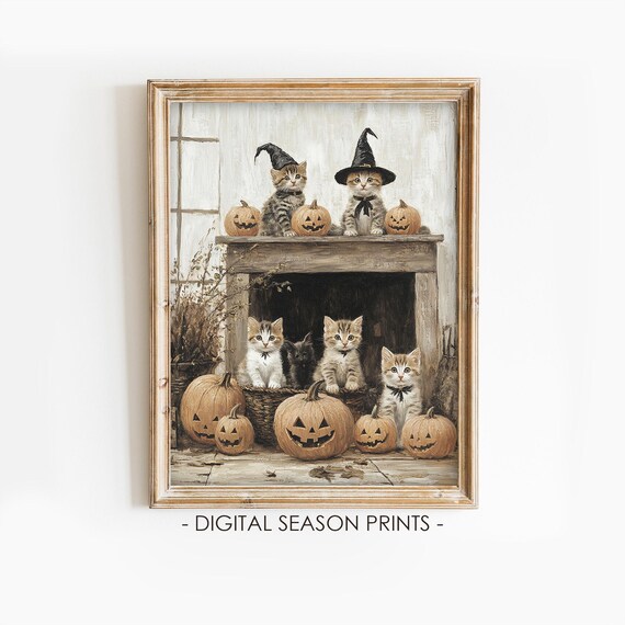 Witch Hat Kittens Fireplace Mantel Pumpkin Display Halloween Cat Poster