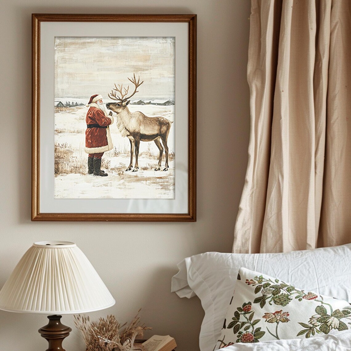 Santa Claus Greeting Reindeer Snowy Field Vintage Christmas Art Print - Image 6