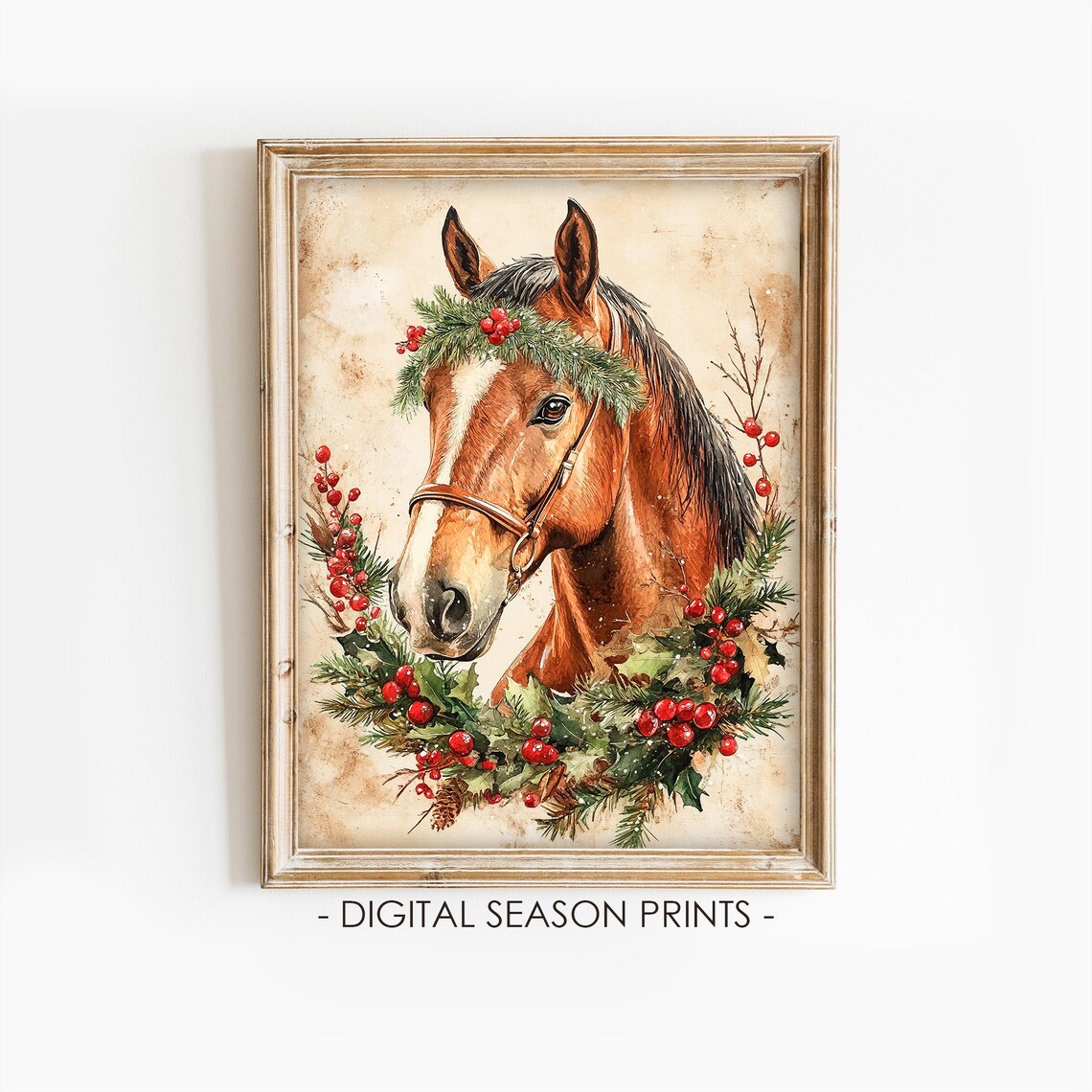 Horse Portrait Wearing a Holly Berry Wreath Watercolor Holiday Poster